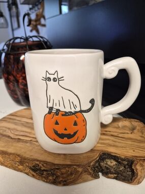 Rae Dunn White Mug with Black Cat and Orange Pumpkin